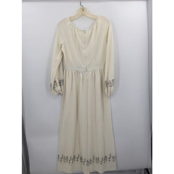 Vintage Leslie Fay Cream Dress Embroidery Maxi Long Sleeve cOTTON bLEND MEDIUM - Picture 3 of 12
